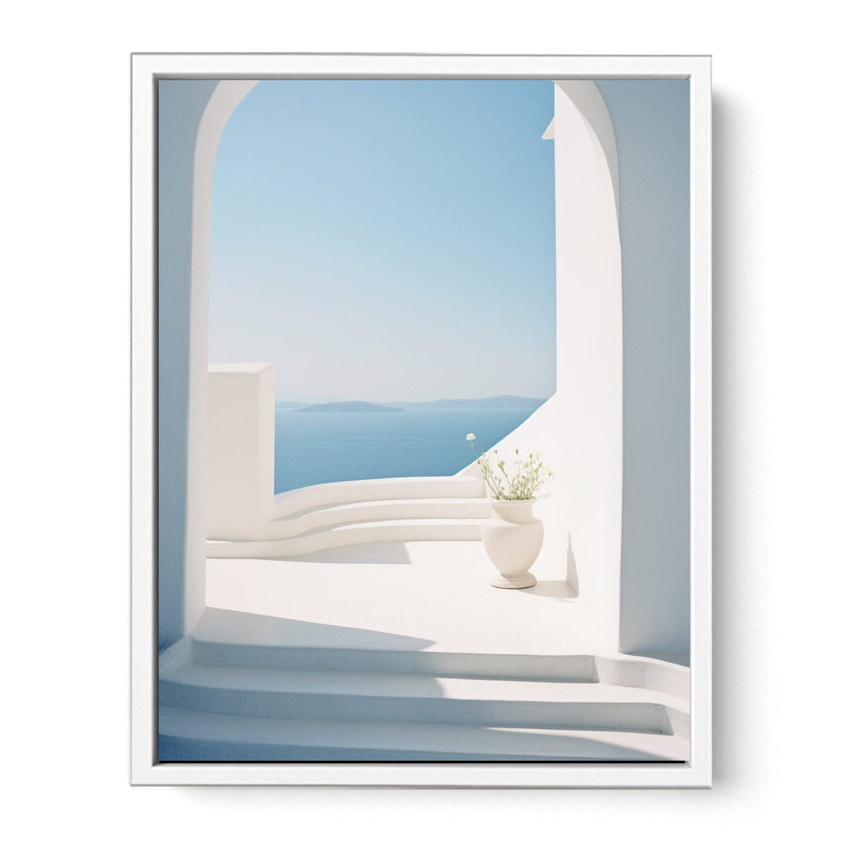 White Mediterranean archway with ocean view canvas art for serene coastal room decor.