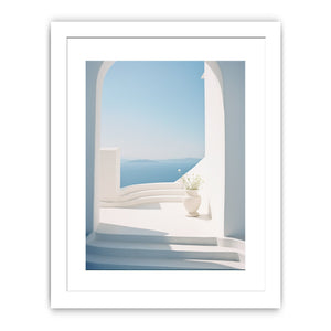 White Mediterranean archway with ocean view canvas art for serene coastal room decor.