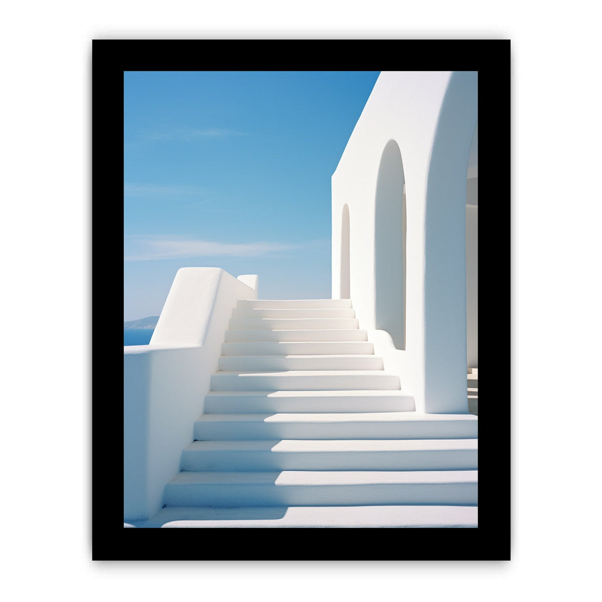 White Santorini steps and archway canvas art for coastal modern hallway or living room decor.