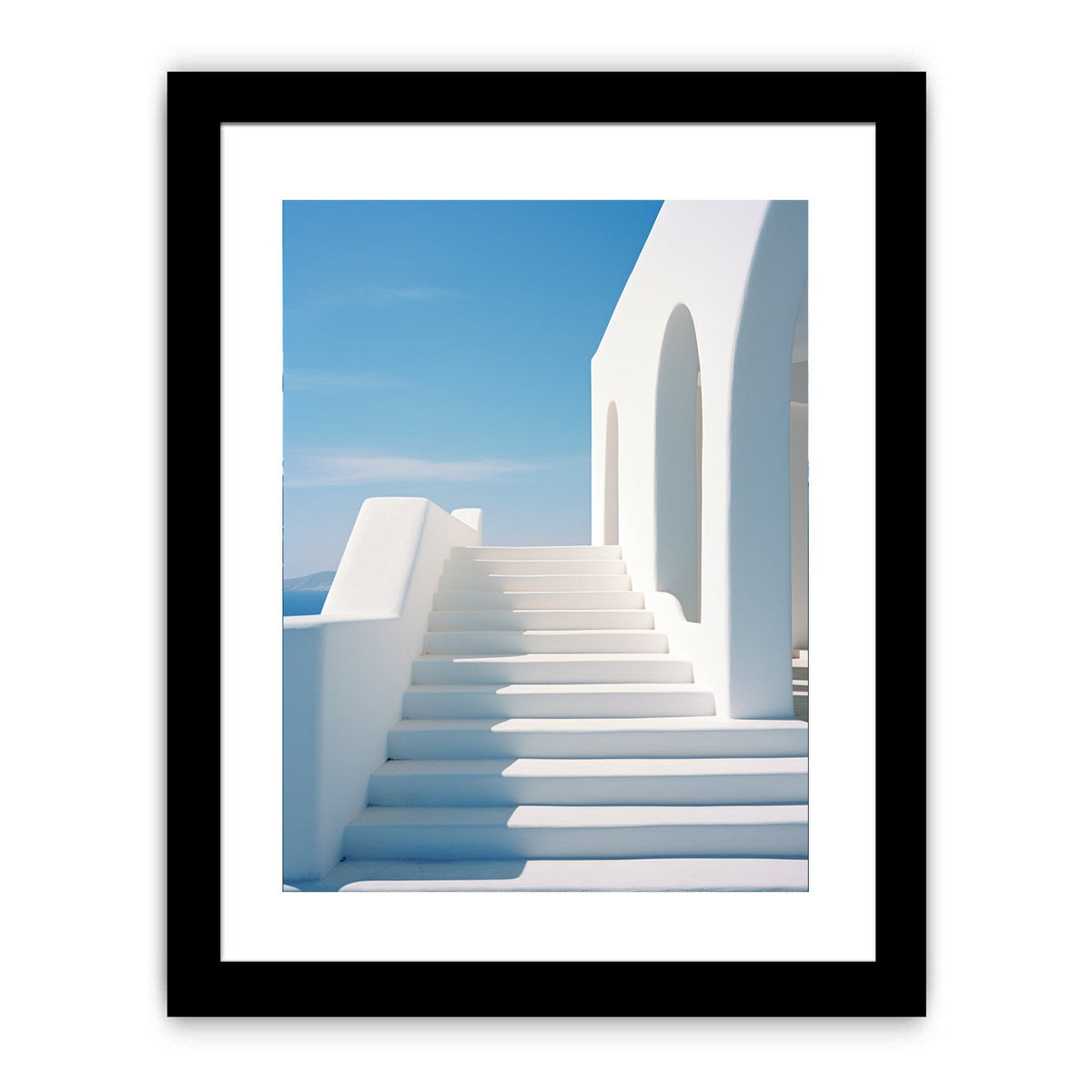 White Santorini steps and archway canvas art for coastal modern hallway or living room decor.
