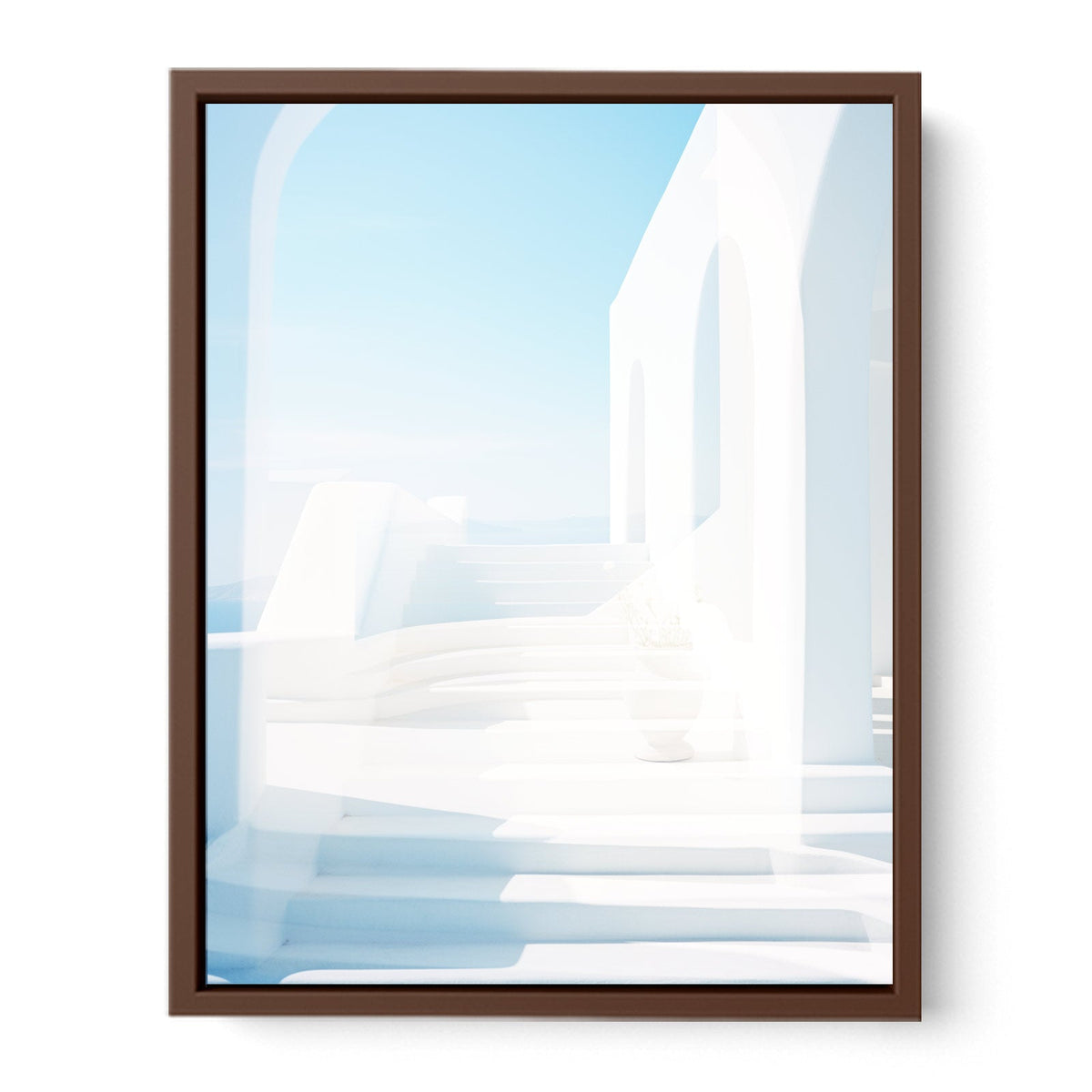 White Santorini steps and archway canvas art for coastal modern hallway or living room decor.