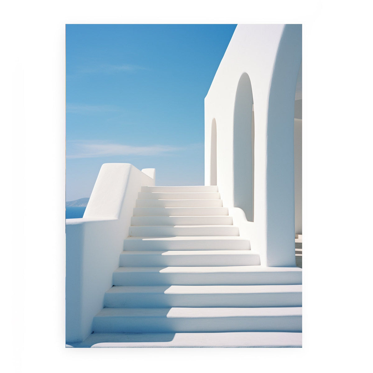 White Santorini steps and archway canvas art for coastal modern hallway or living room decor.