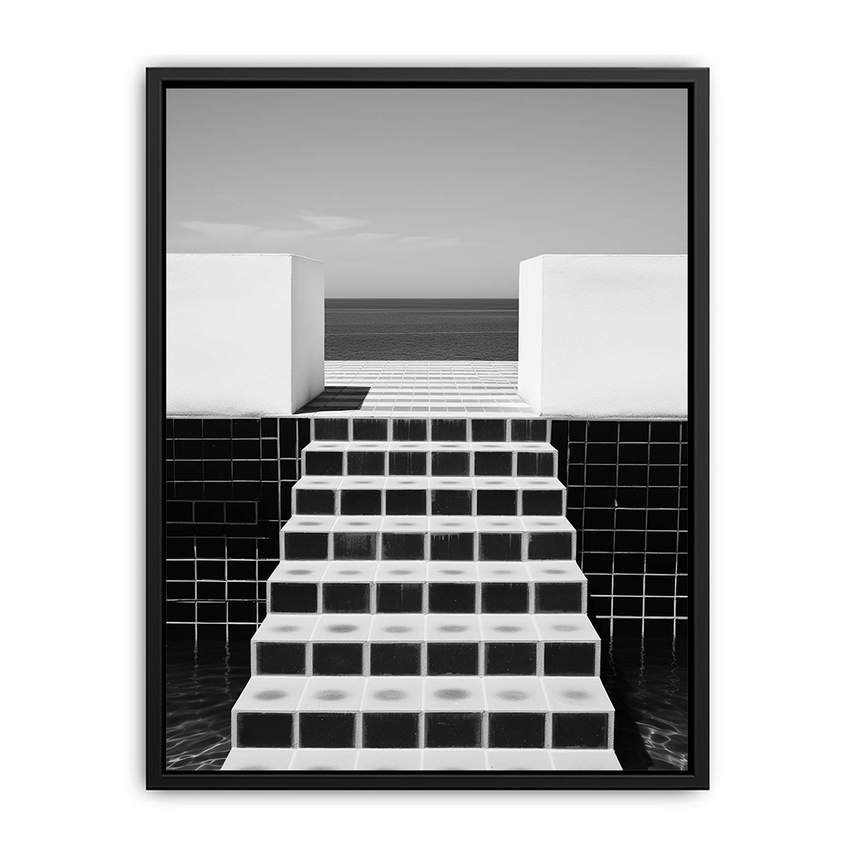 Black and white tiled sea steps canvas art for modern architectural office or hallway decor.