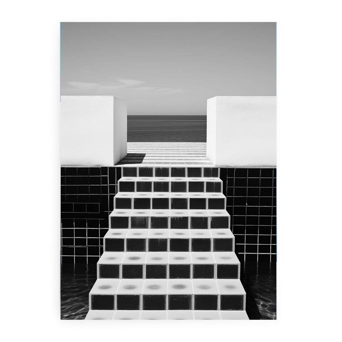Black and white tiled sea steps canvas art for modern architectural office or hallway decor.
