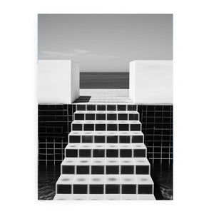 Black and white tiled sea steps canvas art for modern architectural office or hallway decor.