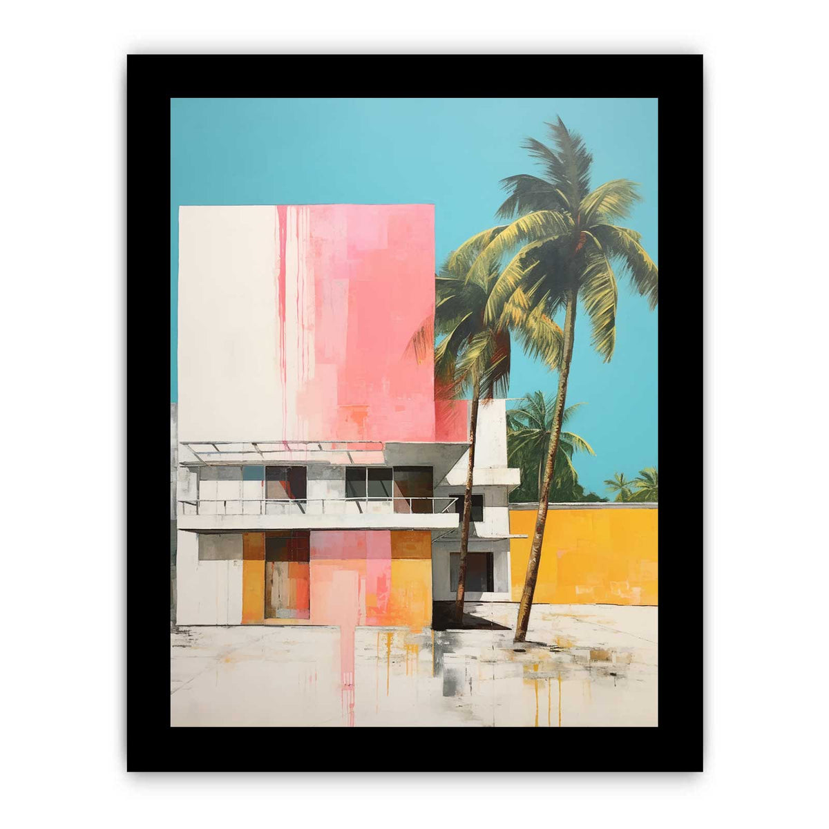 Colorful tropical house with palm trees canvas art for mid century modern living room decor.