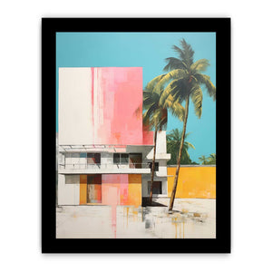 Colorful tropical house with palm trees canvas art for mid century modern living room decor.