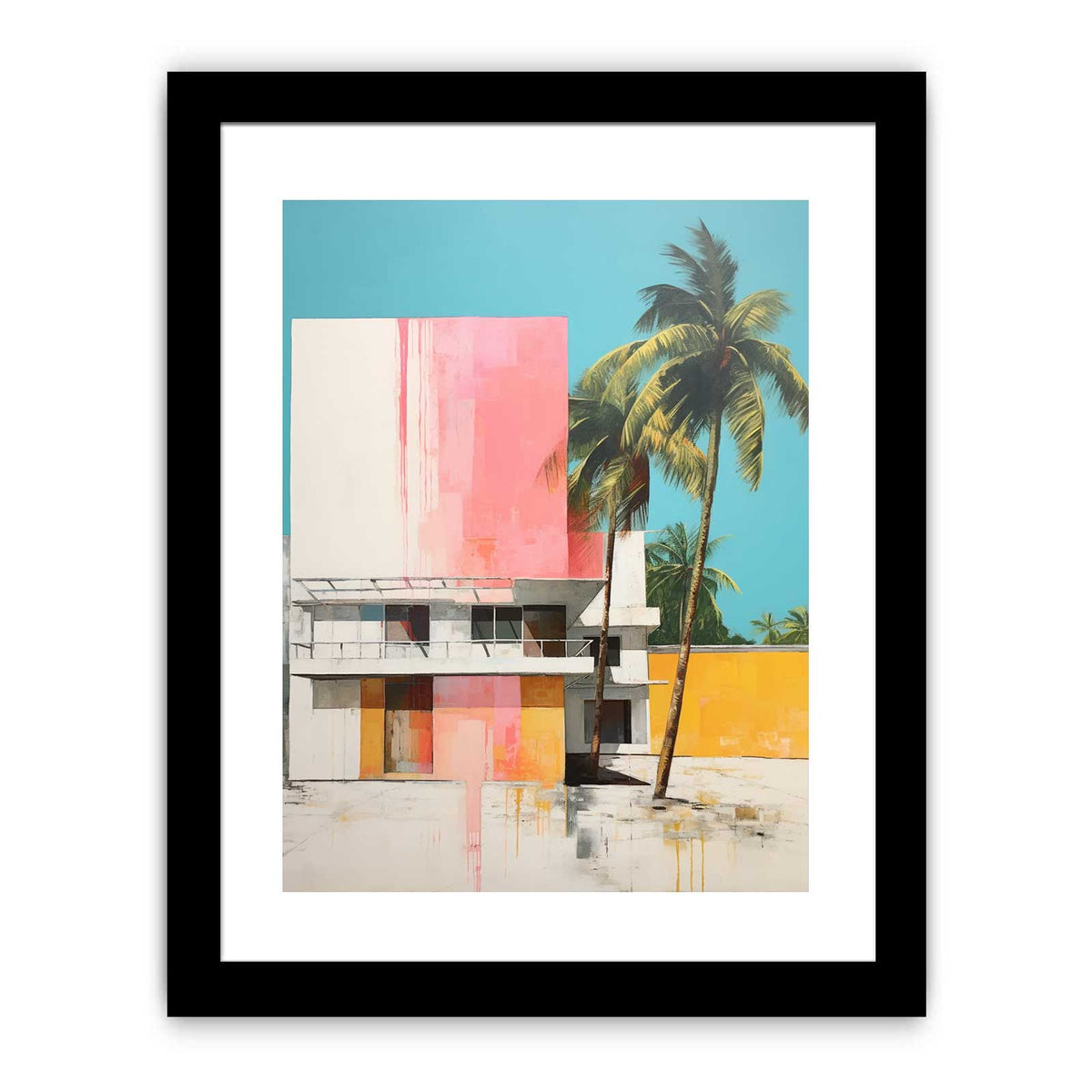Colorful tropical house with palm trees canvas art for mid century modern living room decor.