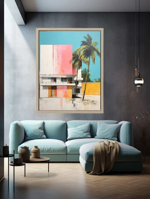 Colorful tropical house with palm trees canvas art for mid century modern living room decor.