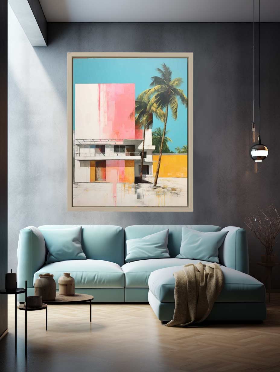Colorful tropical house with palm trees canvas art for mid century modern living room decor.