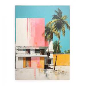 Colorful tropical house with palm trees canvas art for mid century modern living room decor.