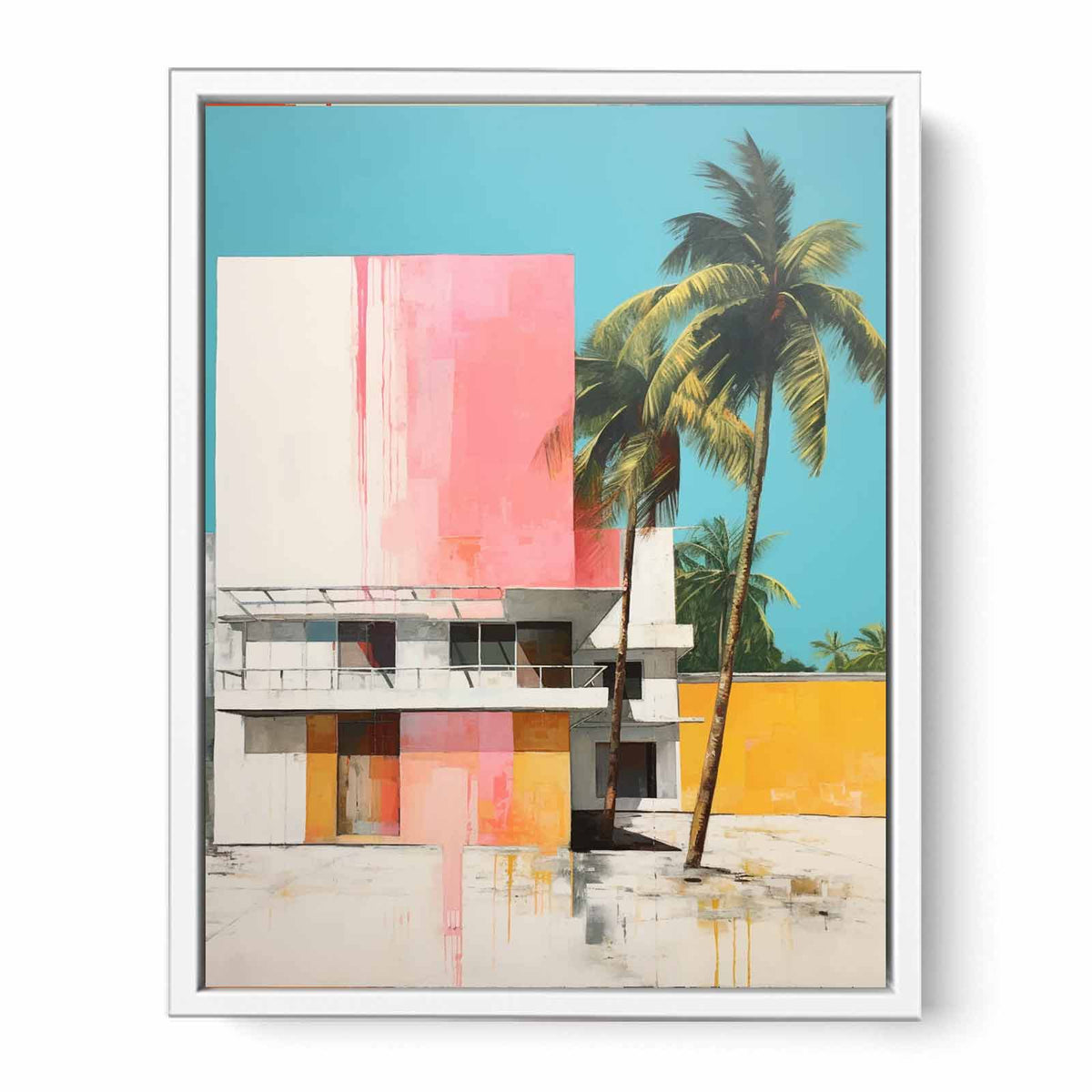 Colorful tropical house with palm trees canvas art for mid century modern living room decor.