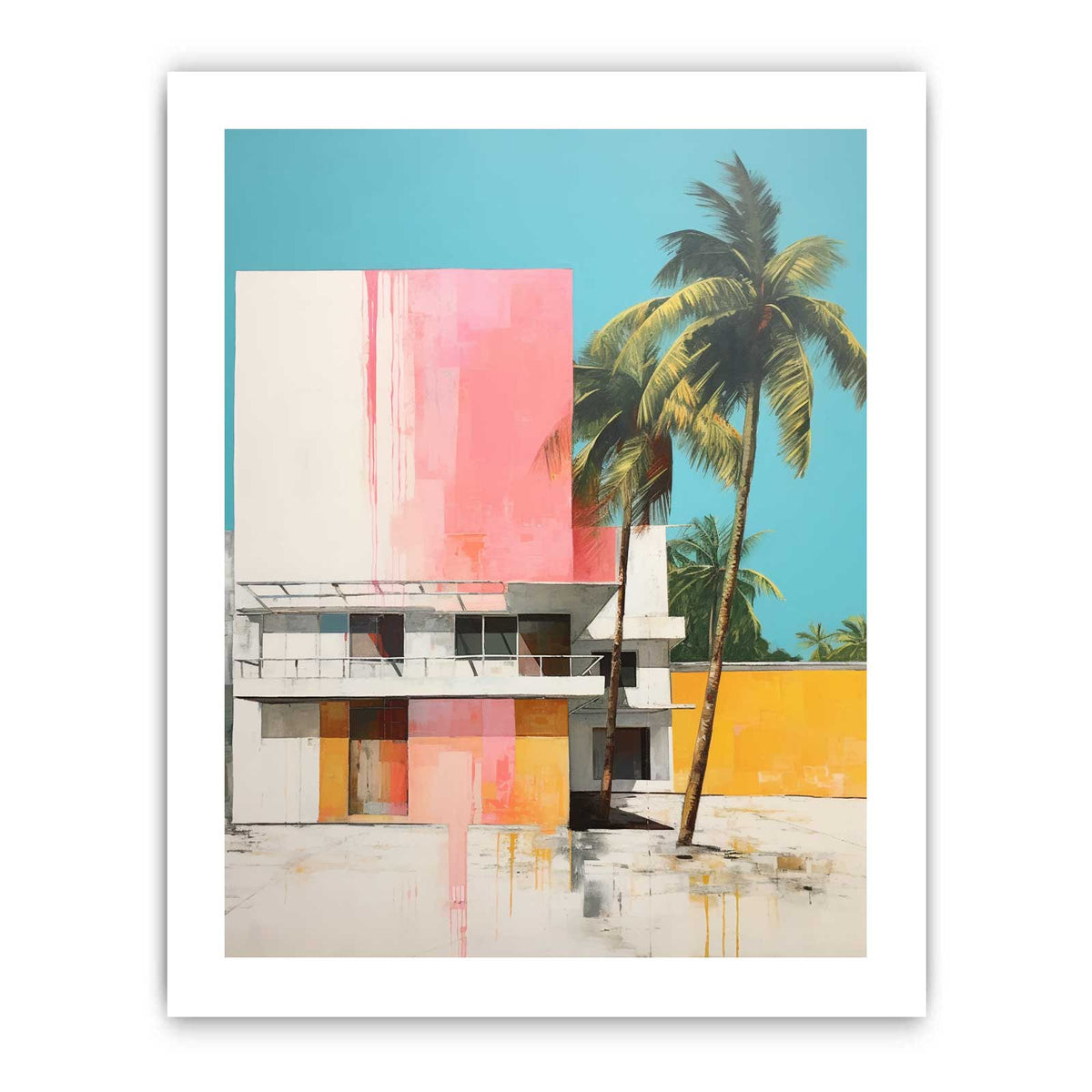 Colorful tropical house with palm trees canvas art for mid century modern living room decor.