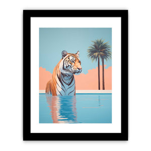 Tropical tiger in pool canvas art with palm trees for bold eclectic living room decor.