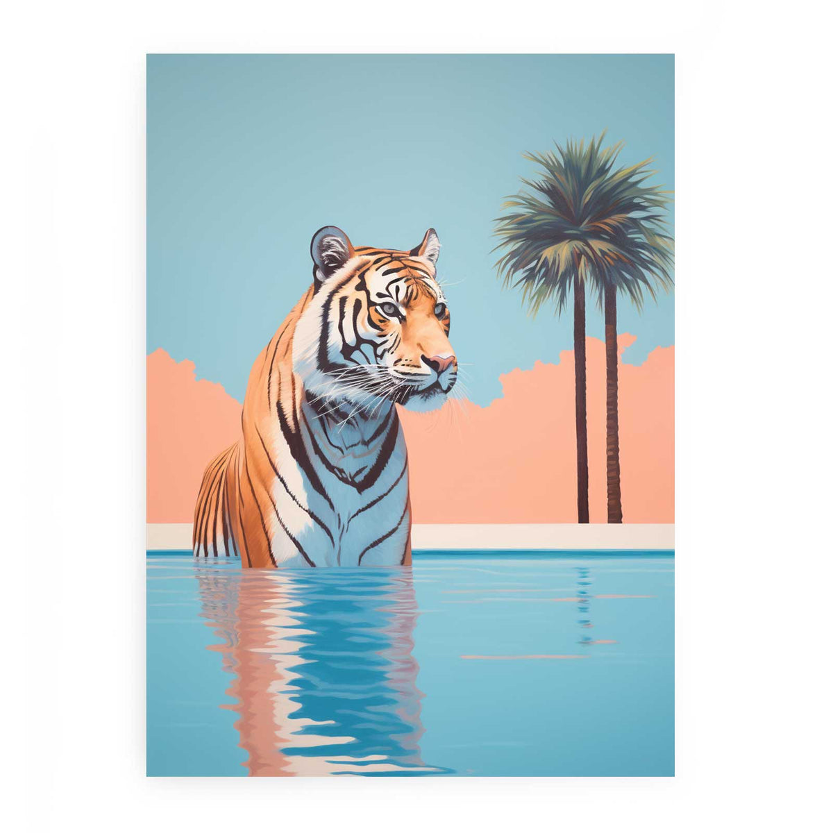 Tropical tiger in pool canvas art with palm trees for bold eclectic living room decor.