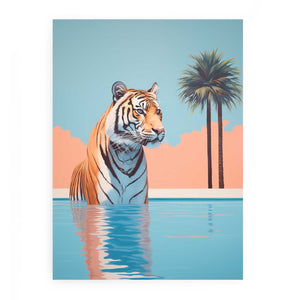 Tropical tiger in pool canvas art with palm trees for bold eclectic living room decor.