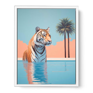 Tropical tiger in pool canvas art with palm trees for bold eclectic living room decor.