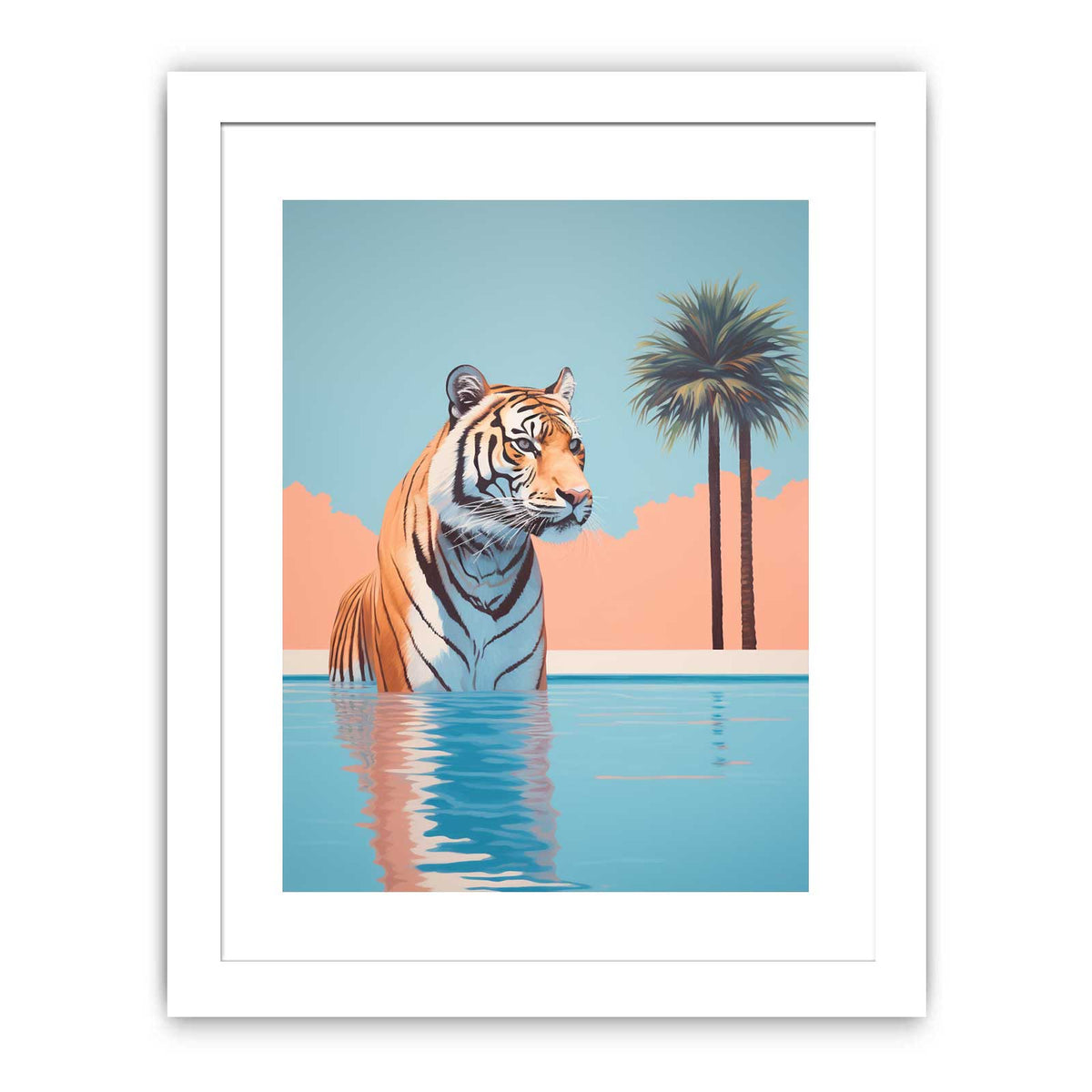 Tropical tiger in pool canvas art with palm trees for bold eclectic living room decor.