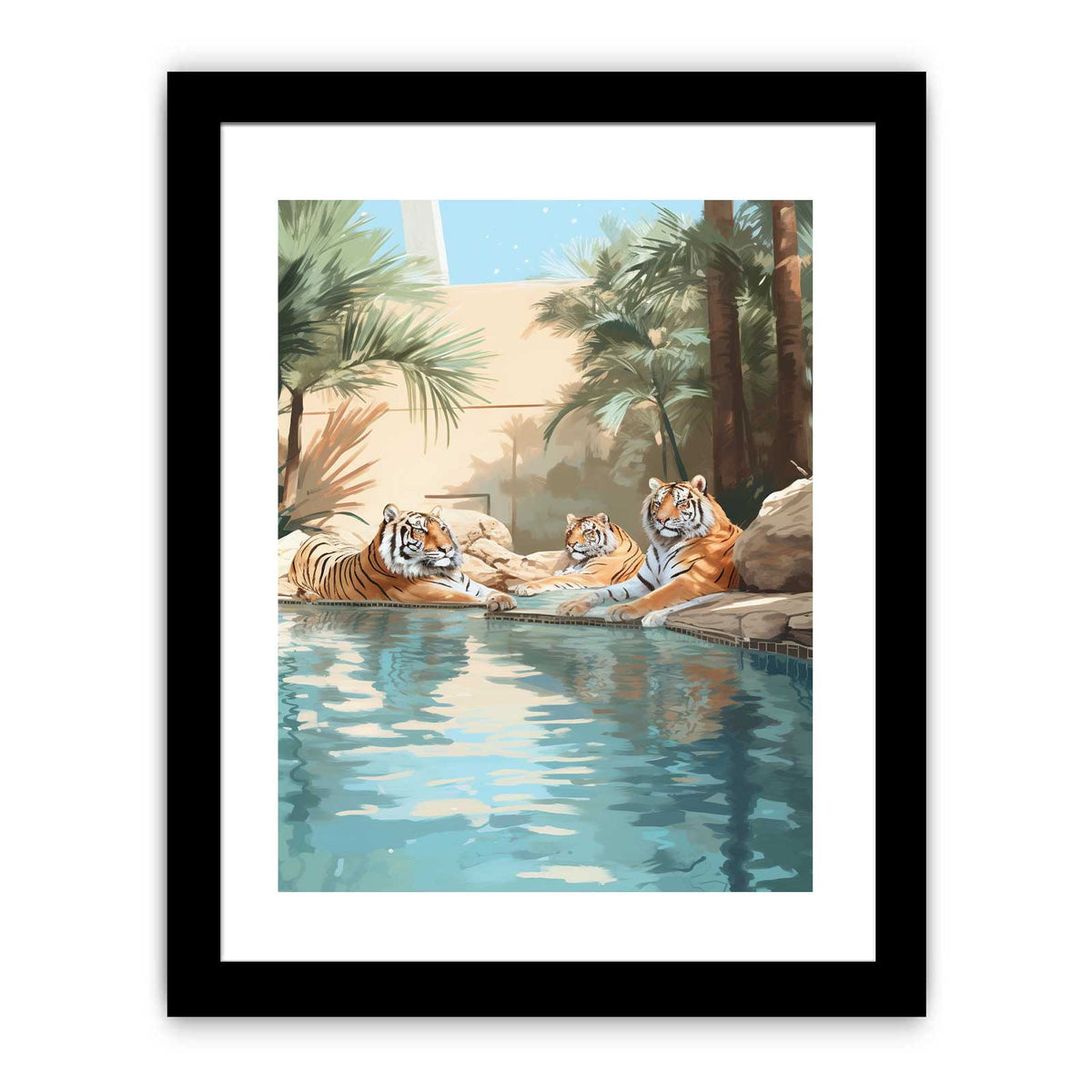 Three tigers by a tropical pool canvas art for eclectic luxury living room decor.