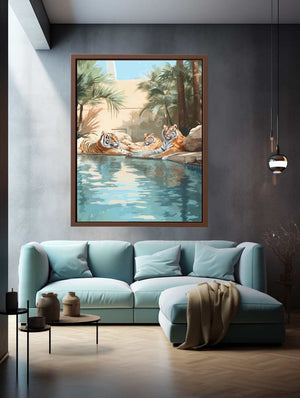 Three tigers by a tropical pool canvas art for eclectic luxury living room decor.