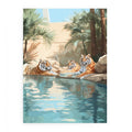 Three tigers by a tropical pool canvas art for eclectic luxury living room decor.