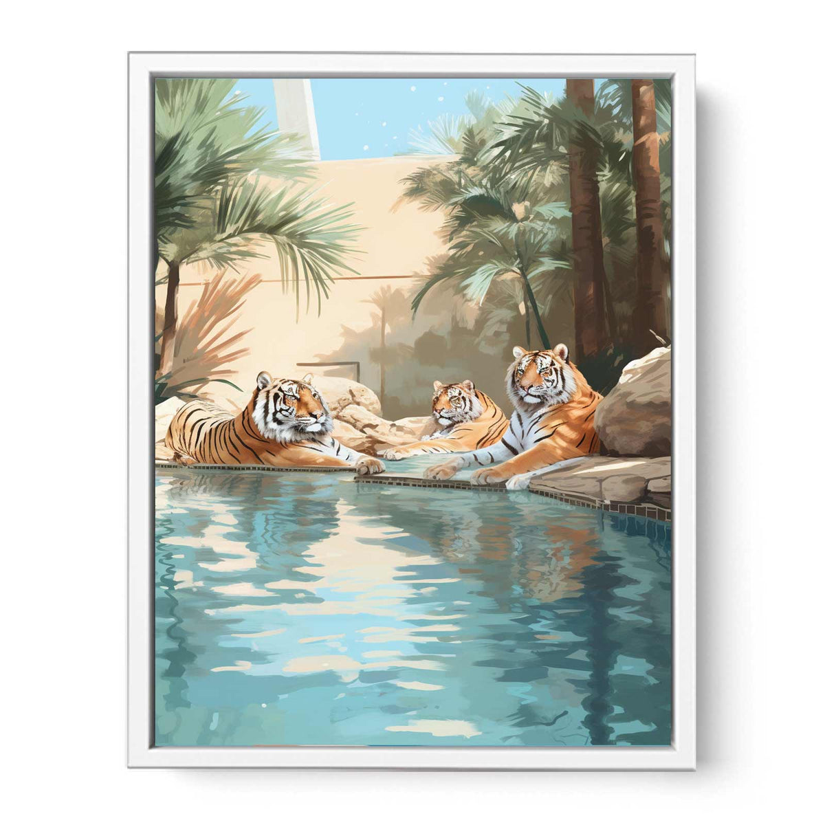 Three tigers by a tropical pool canvas art for eclectic luxury living room decor.