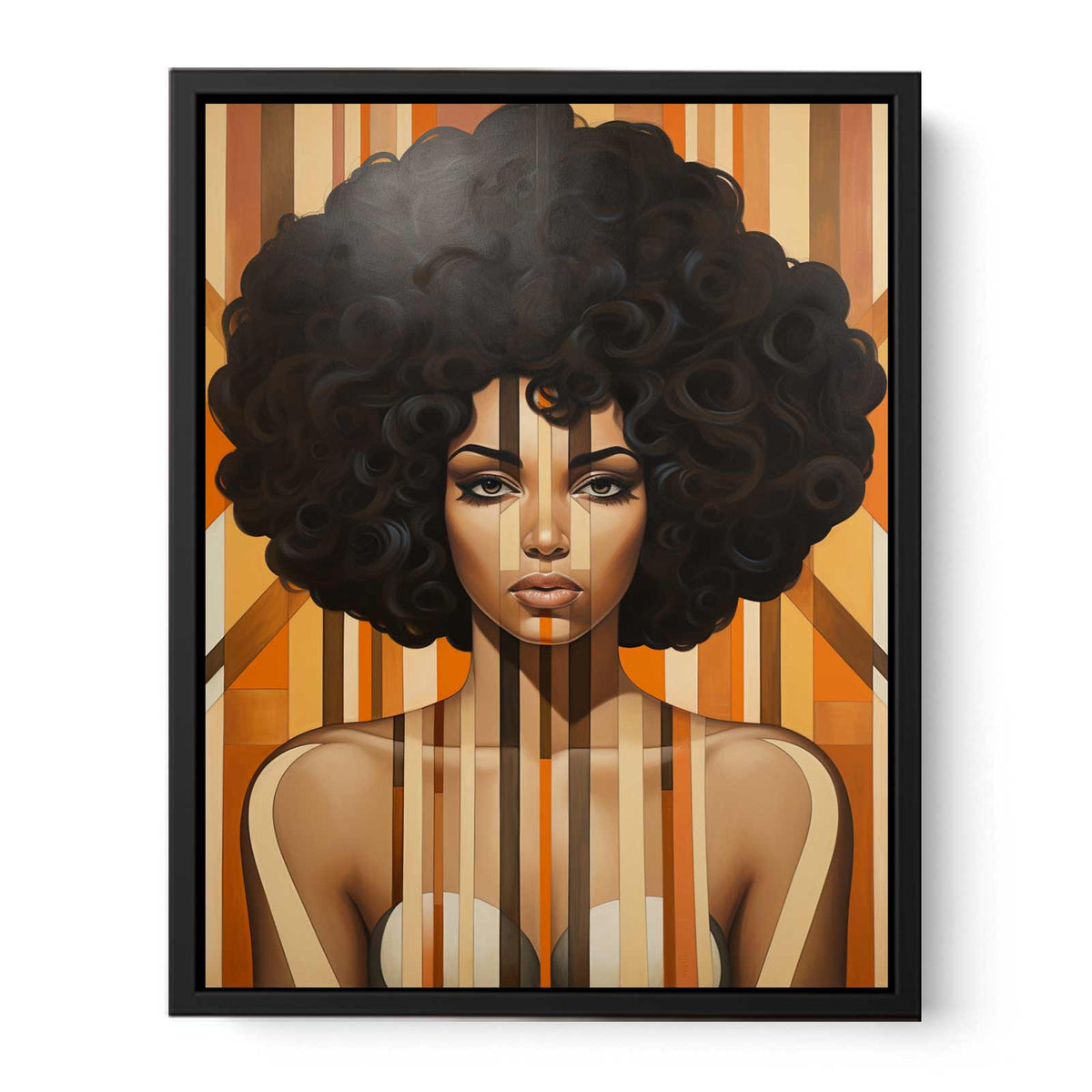 Vintage woman portrait canvas art with afro and warm art deco geometry for modern decor.