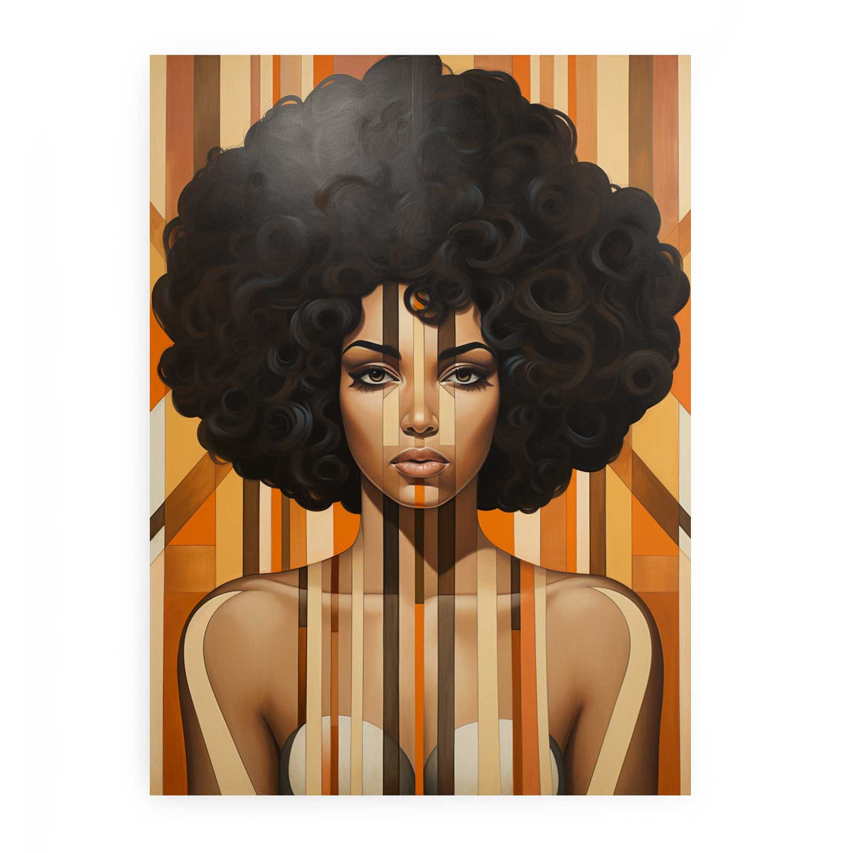 Vintage woman portrait canvas art with afro and warm art deco geometry for modern decor.