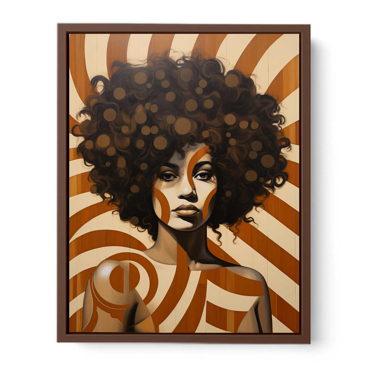 Retro woman portrait canvas art with curly hair and warm geometric patterns for stylish decor.