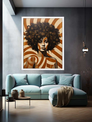 Retro woman portrait canvas art with curly hair and warm geometric patterns for stylish decor.