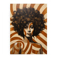 Retro woman portrait canvas art with curly hair and warm geometric patterns for stylish decor.