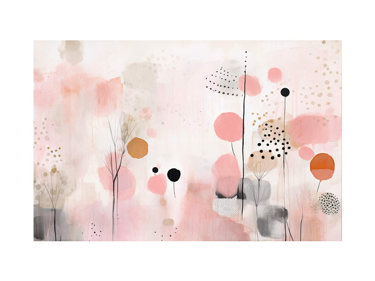 Soft blush abstract botanical canvas art for wide modern living room or bedroom wall decor.
