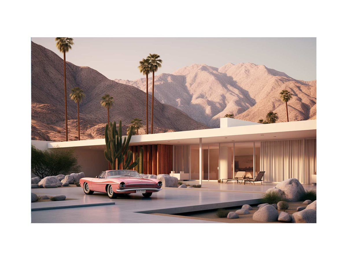 Mid century desert house canvas art with palms, mountains, and pink vintage car for modern decor.