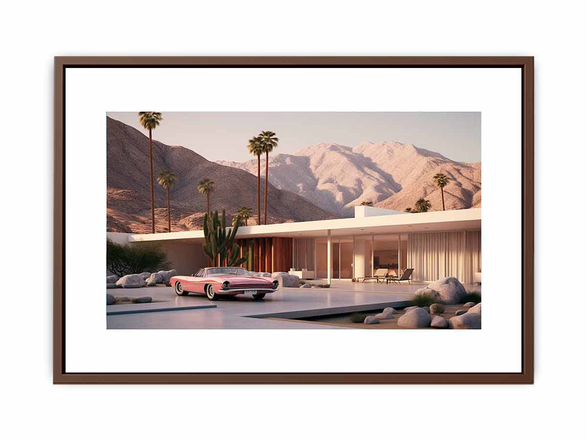 Mid century desert house canvas art with palms, mountains, and pink vintage car for modern decor.