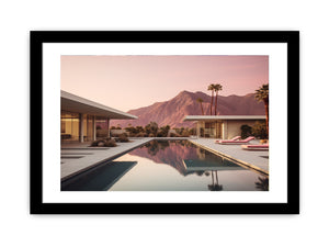 Modern desert pool house canvas art with palm trees and mountains for luxury living room decor.
