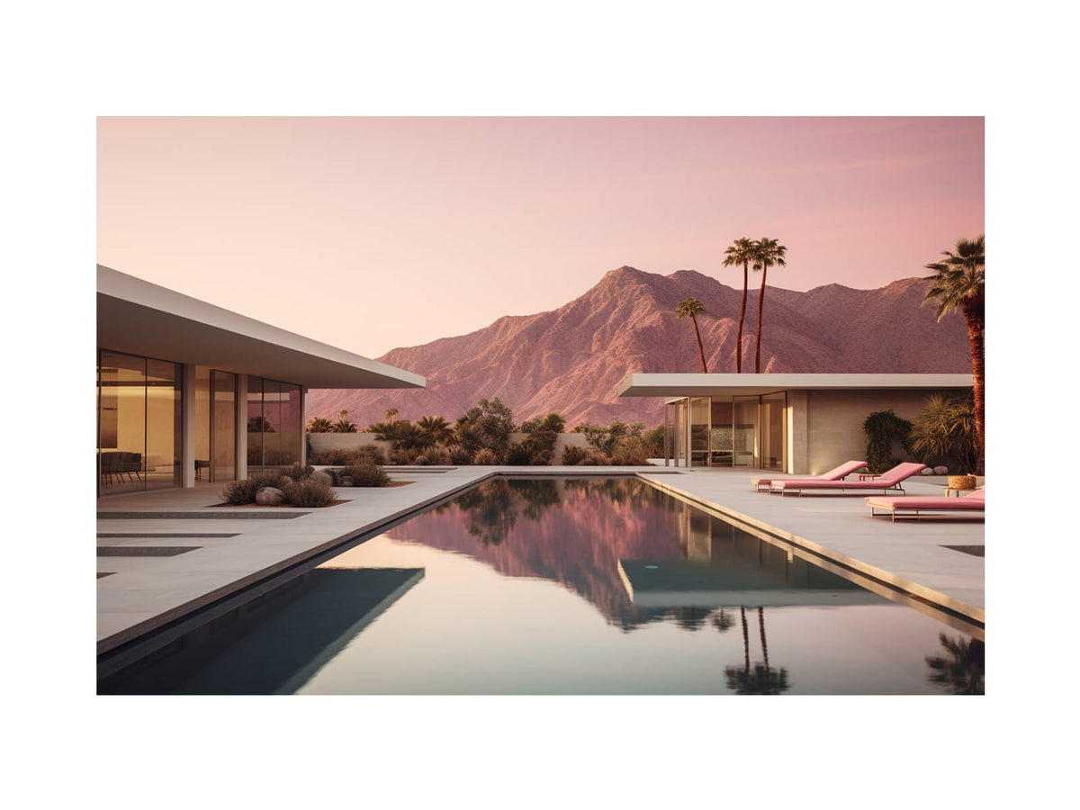 Modern desert pool house canvas art with palm trees and mountains for luxury living room decor.