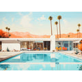 Bright mid century pool house canvas art with palms and desert mountains for modern home decor.