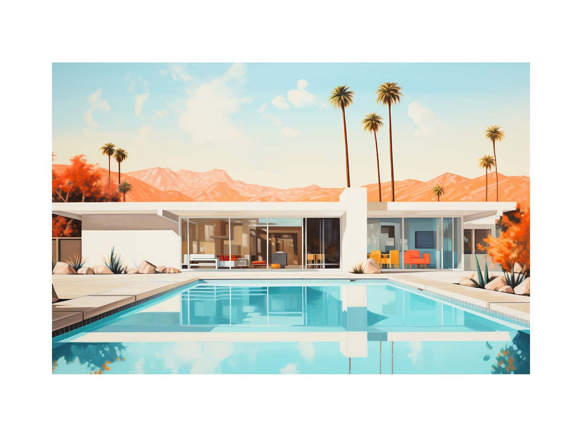 Bright mid century pool house canvas art with palms and desert mountains for modern home decor.