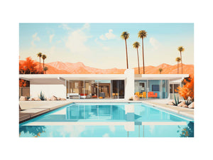 Bright mid century pool house canvas art with palms and desert mountains for modern home decor.