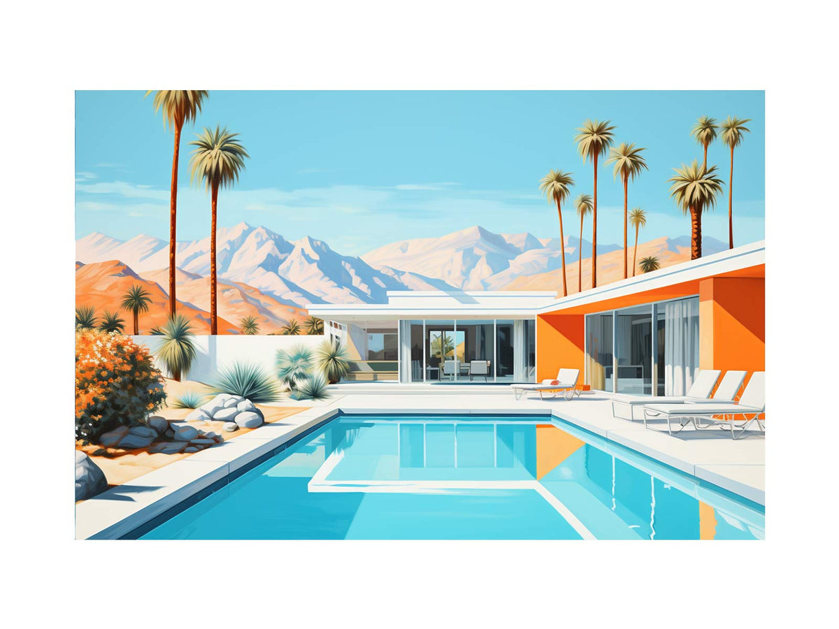 Bold mid century pool villa canvas art with orange architecture and palms for modern interiors.