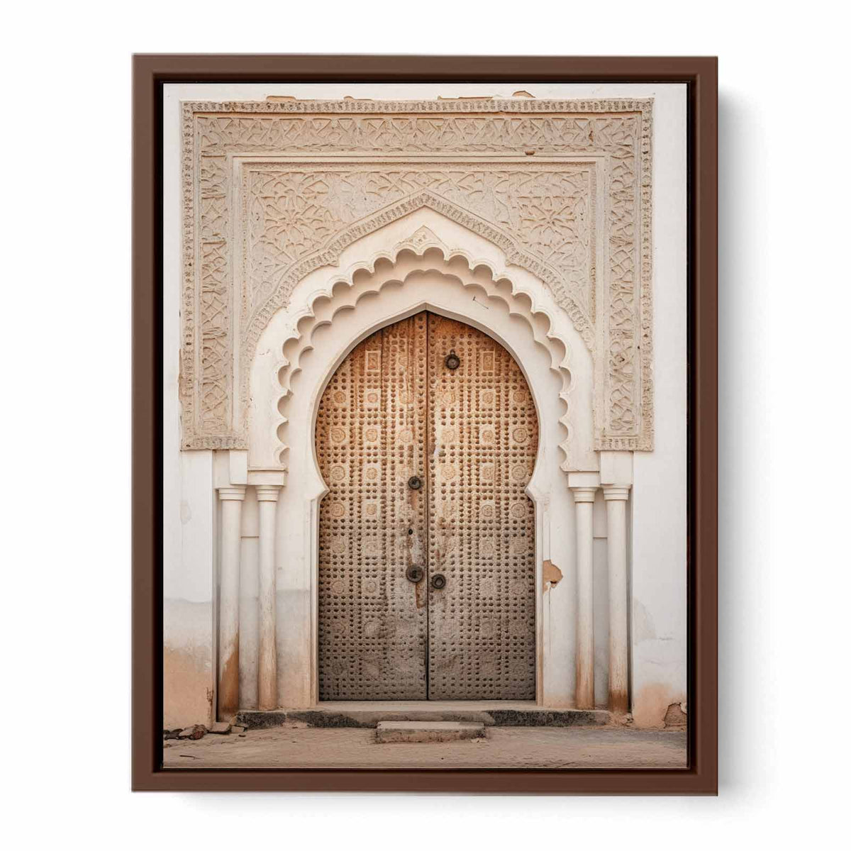 Vertical Moroccan doorway canvas art with carved arch details for elegant entryway decor.