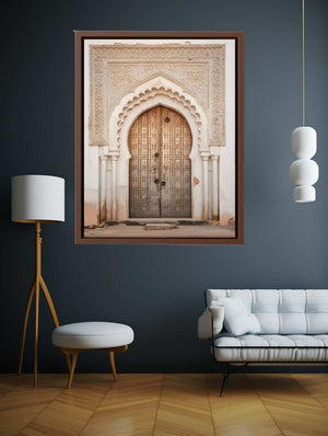 Vertical Moroccan doorway canvas art with carved arch details for elegant entryway decor.