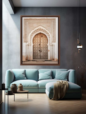 Vertical Moroccan doorway canvas art with carved arch details for elegant entryway decor.