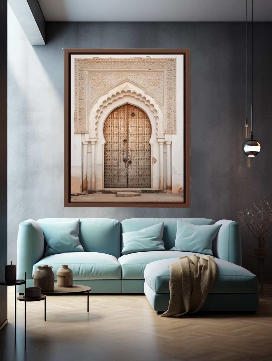 Vertical Moroccan doorway canvas art with carved arch details for elegant entryway decor.