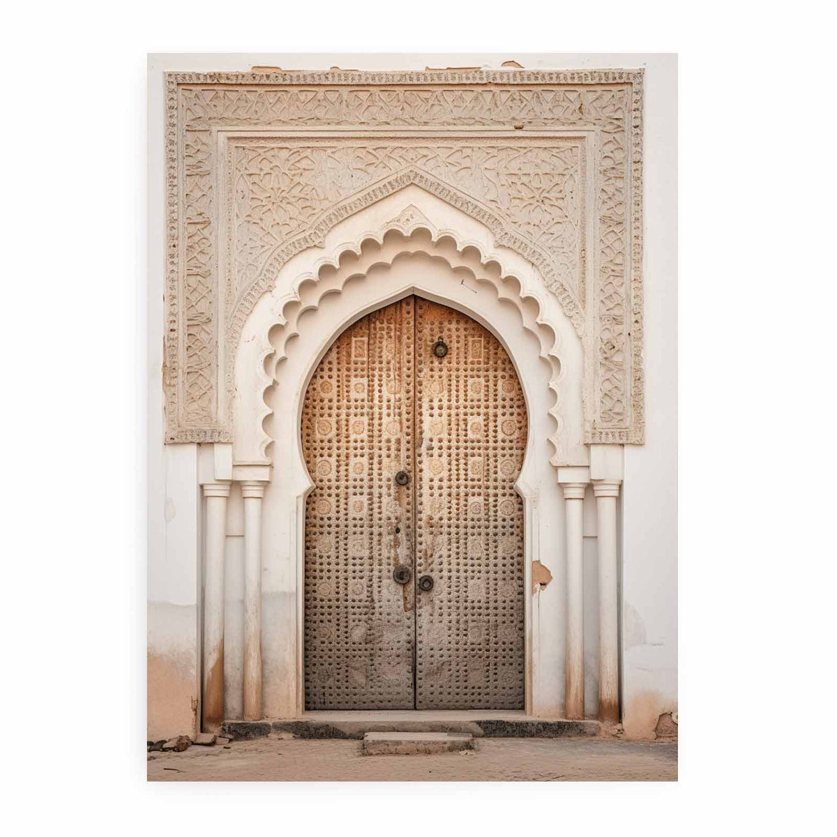 Vertical Moroccan doorway canvas art with carved arch details for elegant entryway decor.