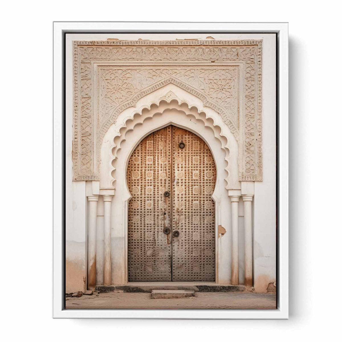 Vertical Moroccan doorway canvas art with carved arch details for elegant entryway decor.