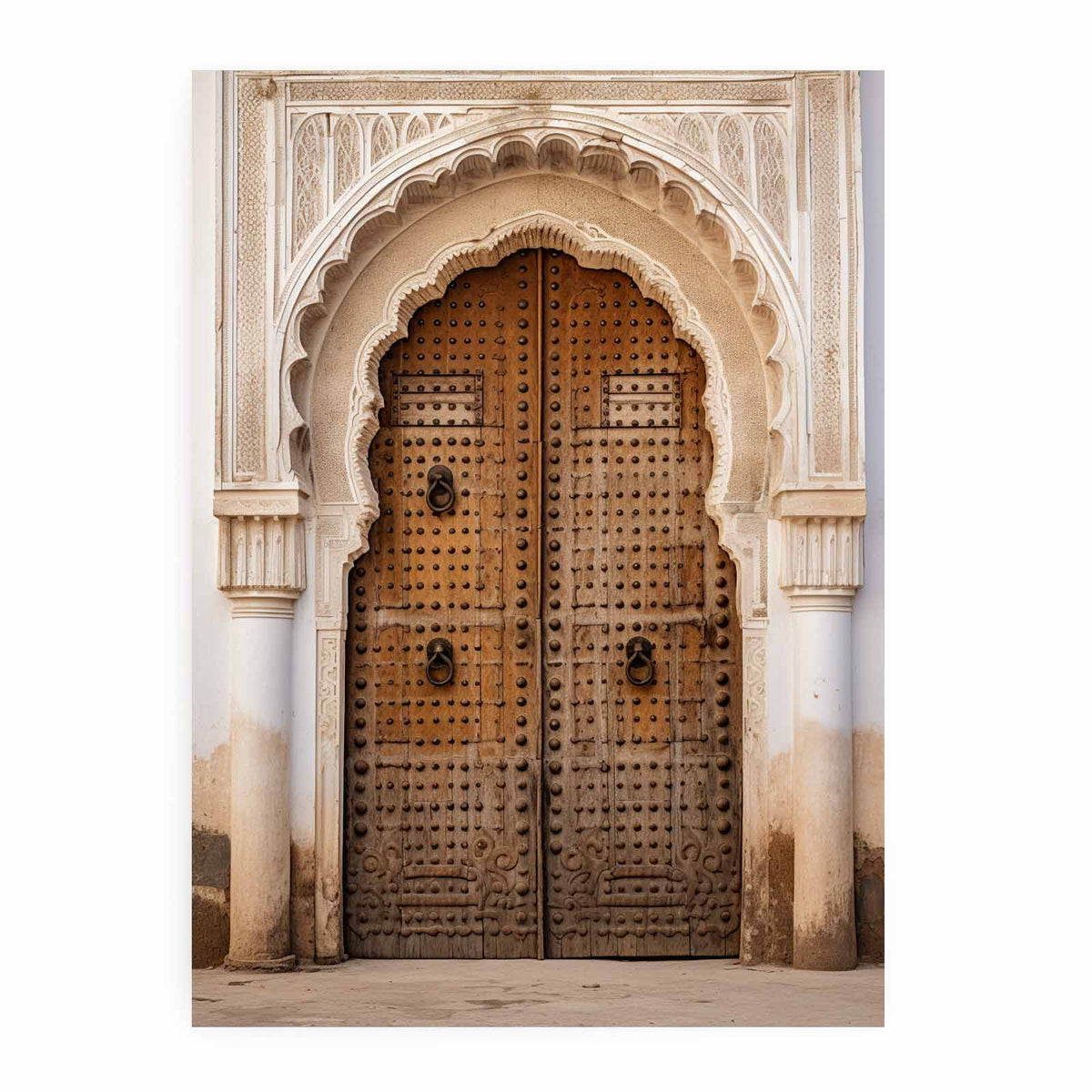 Moroccan wooden door canvas art with ornate carved arches for timeless hallway decor.