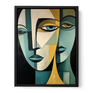 Modern cubist portrait canvas art with teal faces and geometric forms for living room decor.