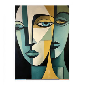 Modern cubist portrait canvas art with teal faces and geometric forms for living room decor.