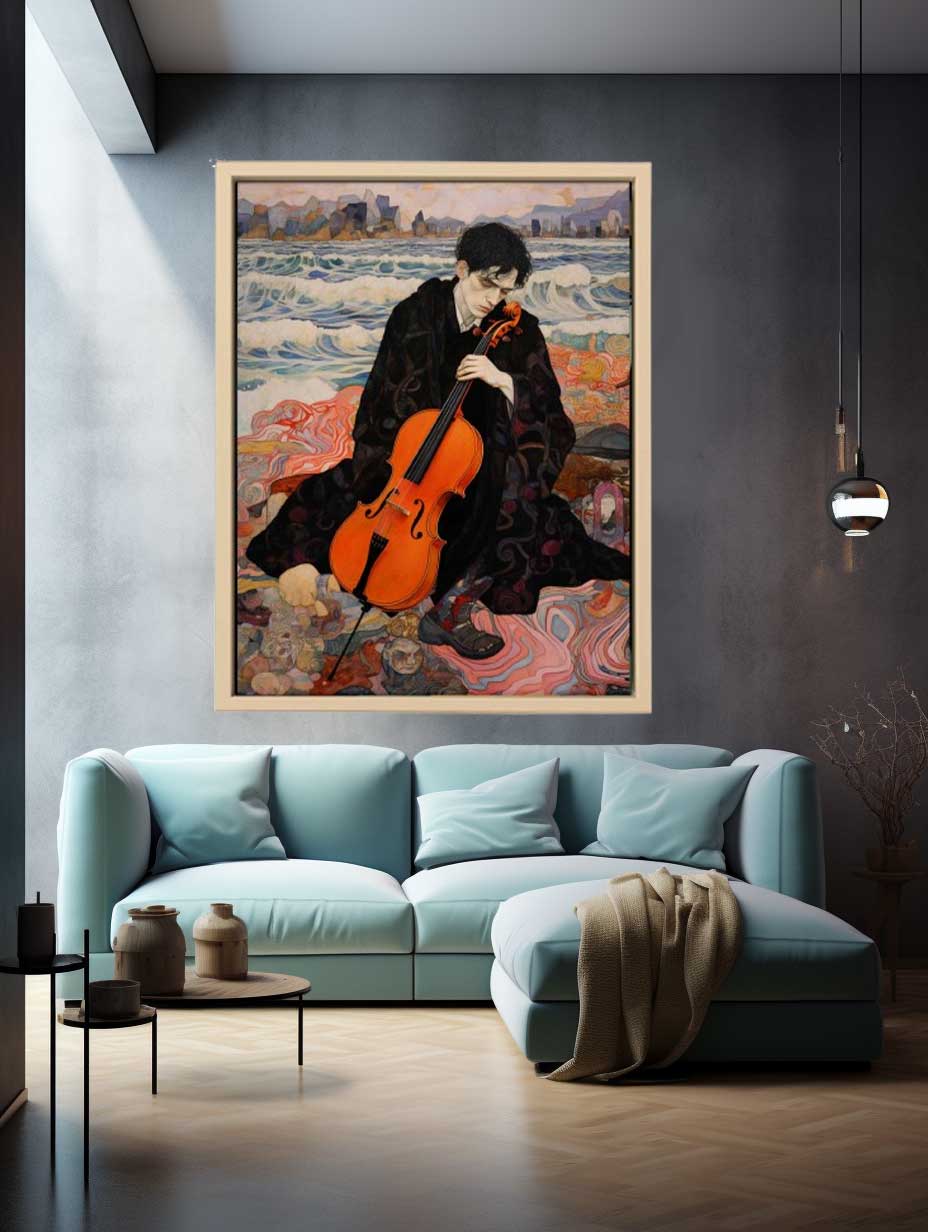 Figurative cello musician canvas art with ocean waves for expressive living room decor.